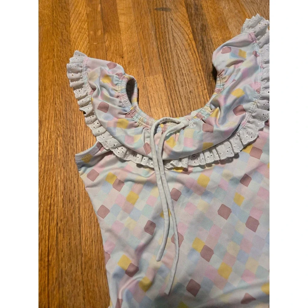 Wildling Girls 6 Geometric Diamond Checker Ruffle Eyelet One Piece Swimsuit